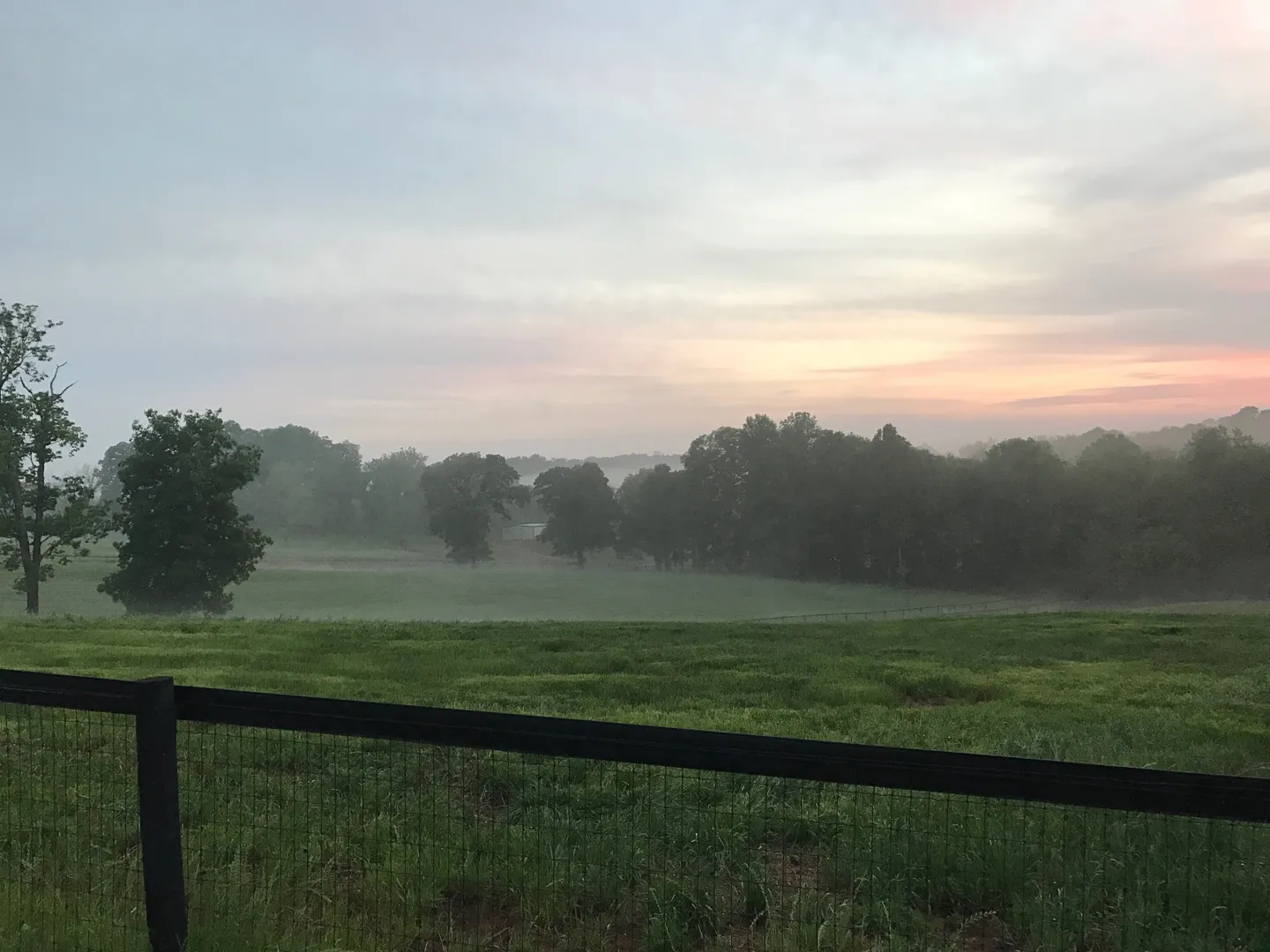 Sunrise over misty rural field