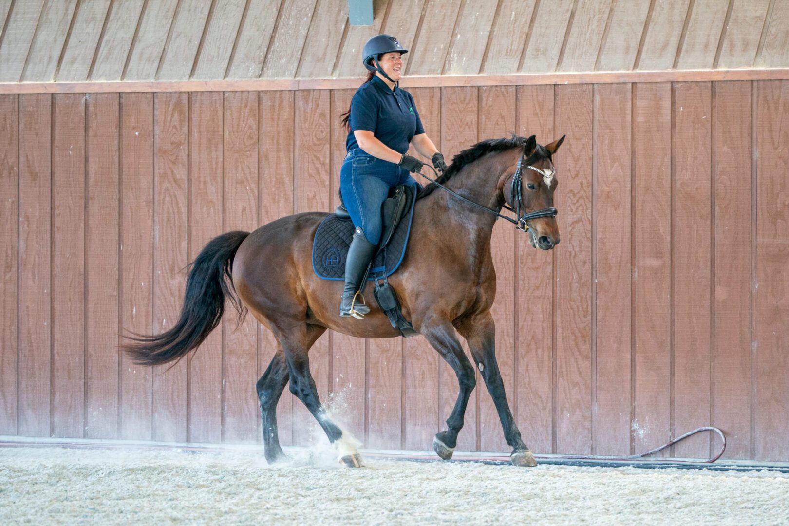 Person riding brown horse in indoor arena